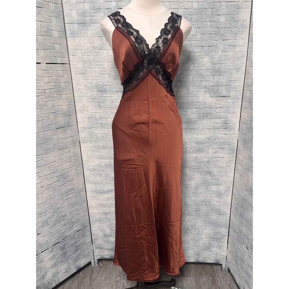 NWT Abercrombie & Fitch S Maxi Slip Dress Brown Lace Trim Satin Dark Romance
